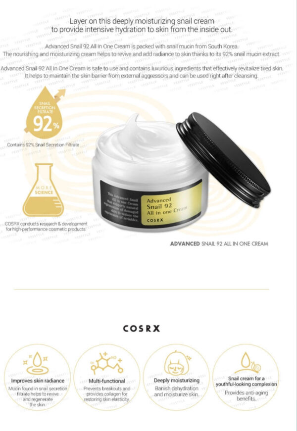 Advanced Snail Mucin 92% Crema facial hidratante de caracol potente antienvejecimiento - Imagen 2